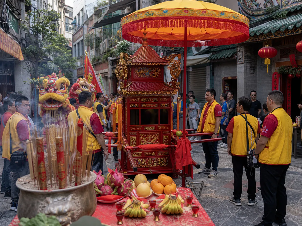 A sedan chair and ceremonial umbrella prepared for Na Tcha Birthday in Macao.