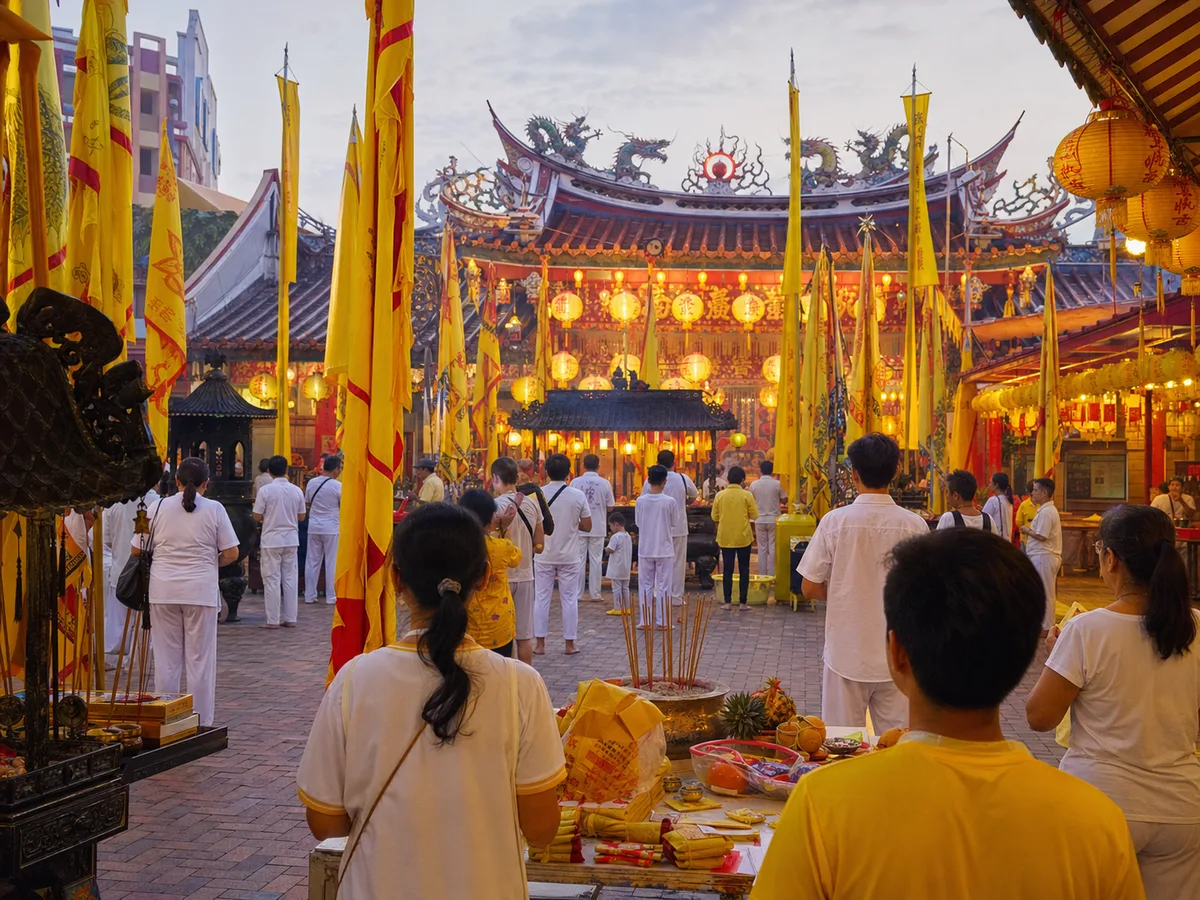 Yellow banners and lanterns in a Chinese temple courtyard during a Nine Emperor Gods observance.