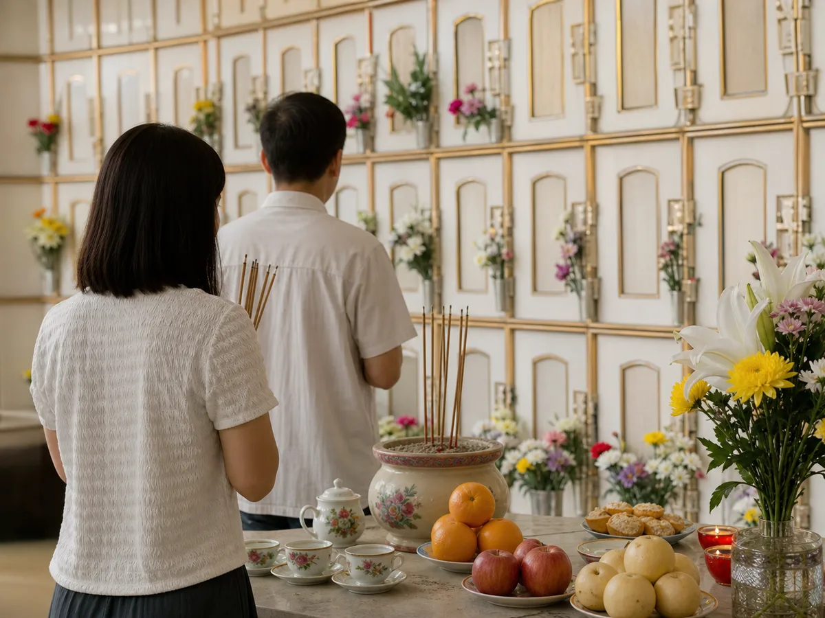 Flowers, tea, and offerings arranged respectfully for Qing Ming ancestor remembrance.