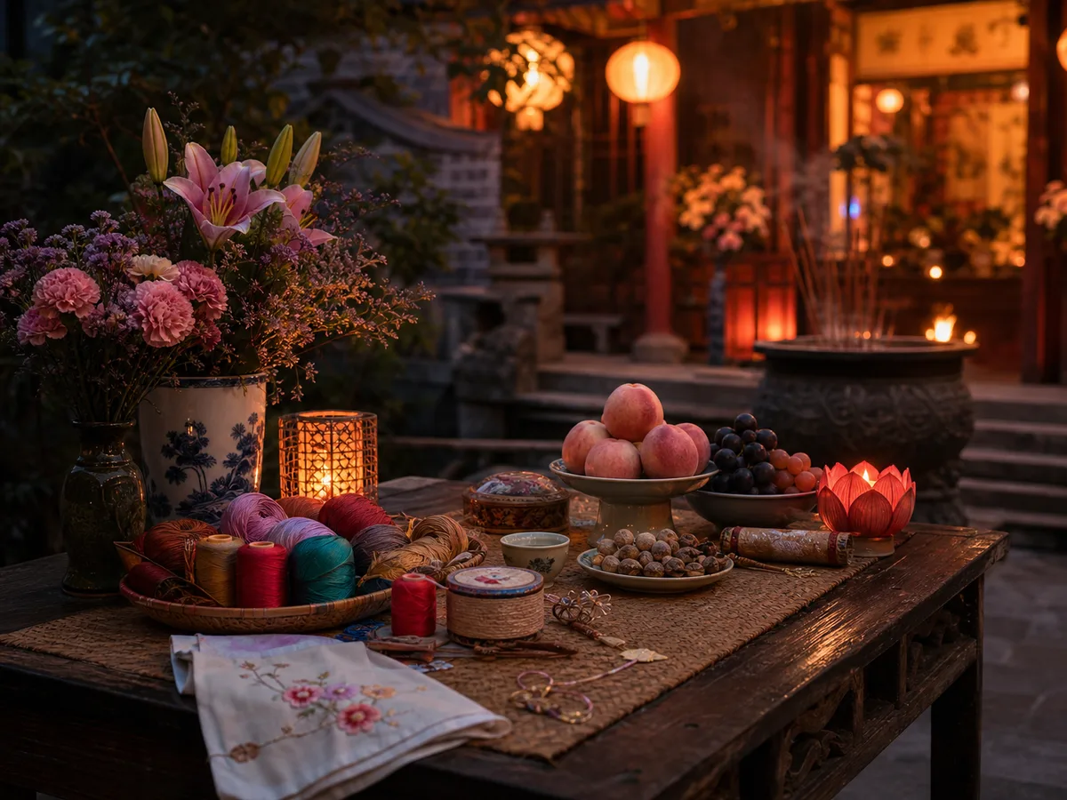 Flowers, fruit, thread, and lanterns arranged for Qixi Festival.