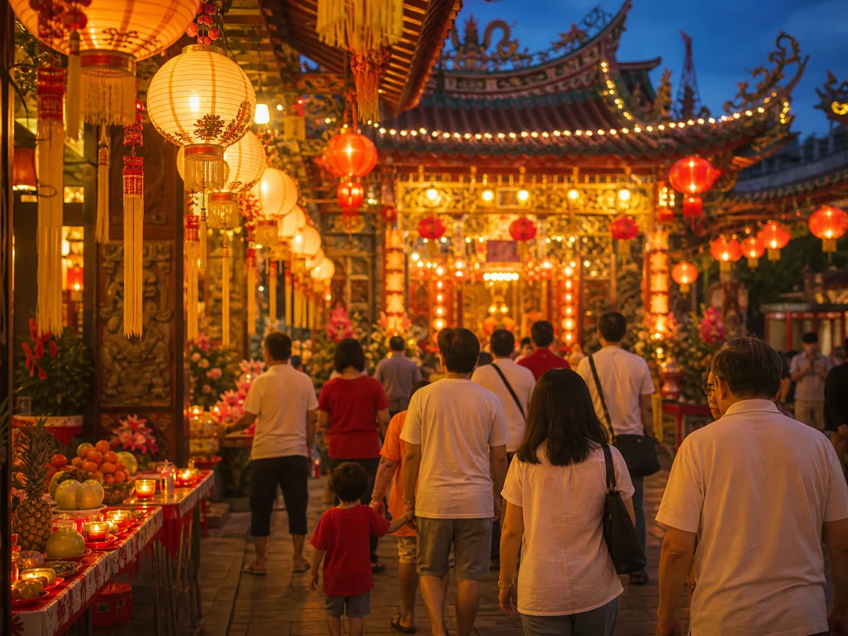 Lanterns glowing outside a Chinese temple during the Lantern Festival.