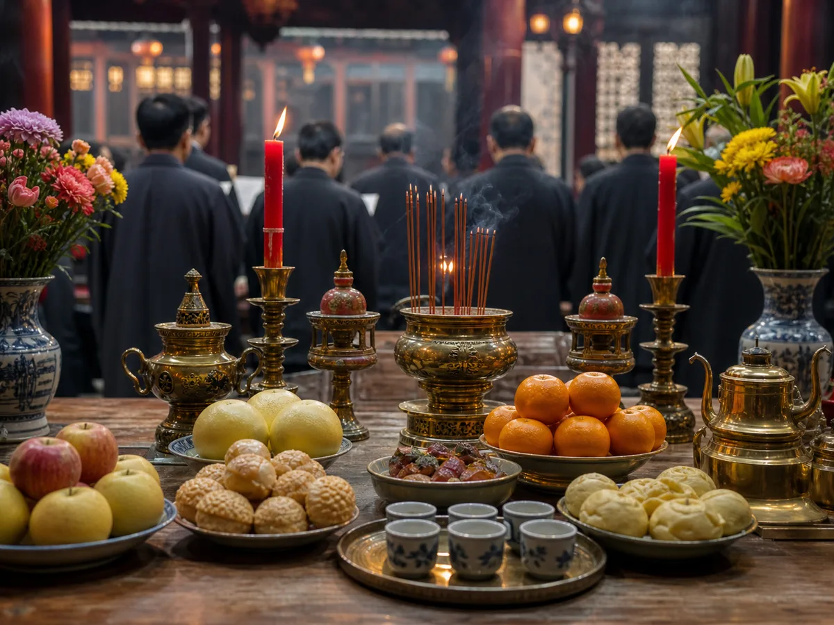 Tea, fruit, and candles arranged for spring and autumn ancestral rites.