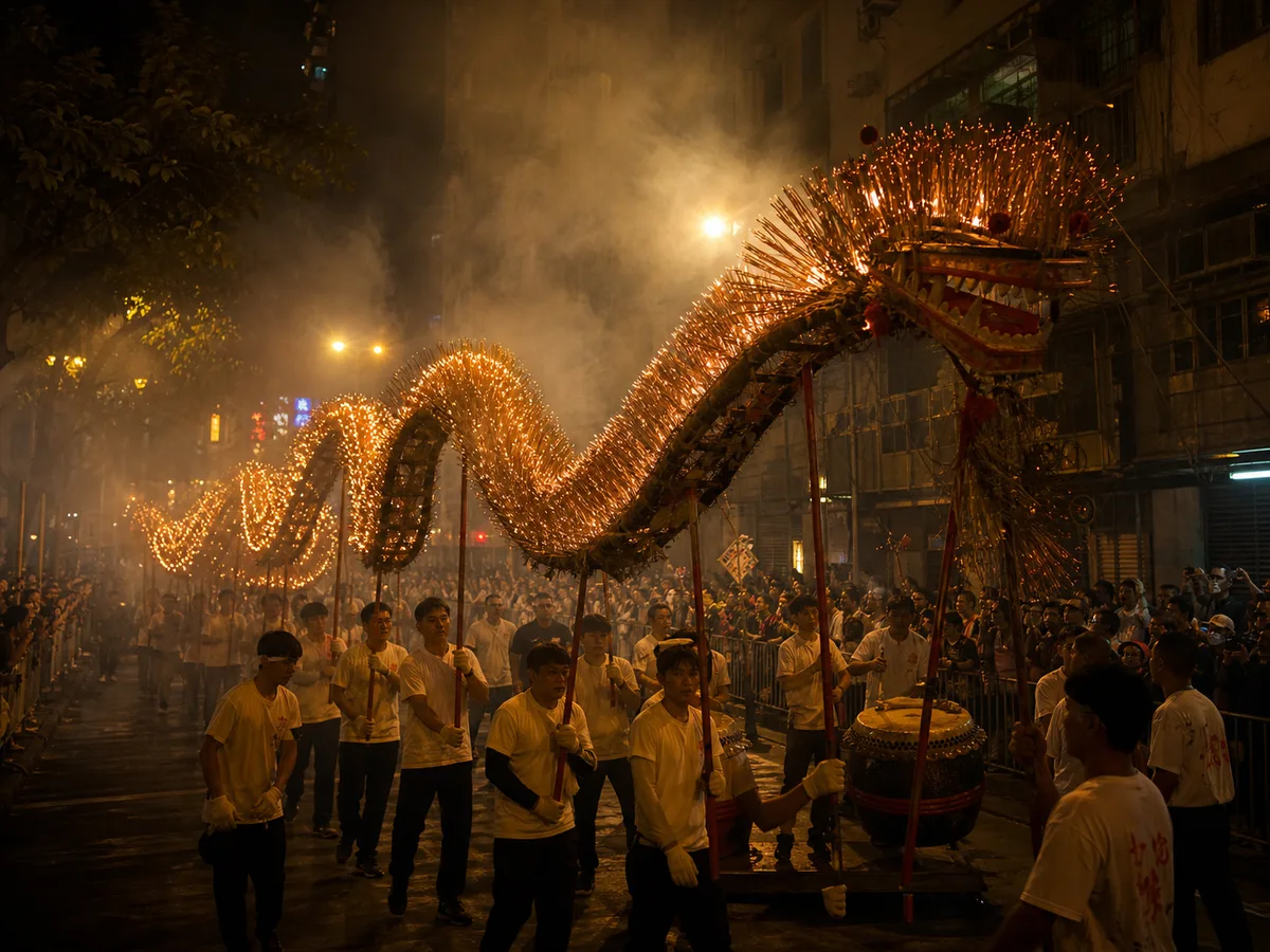 An incense-lit fire dragon moving through Tai Hang during Mid-Autumn Festival.