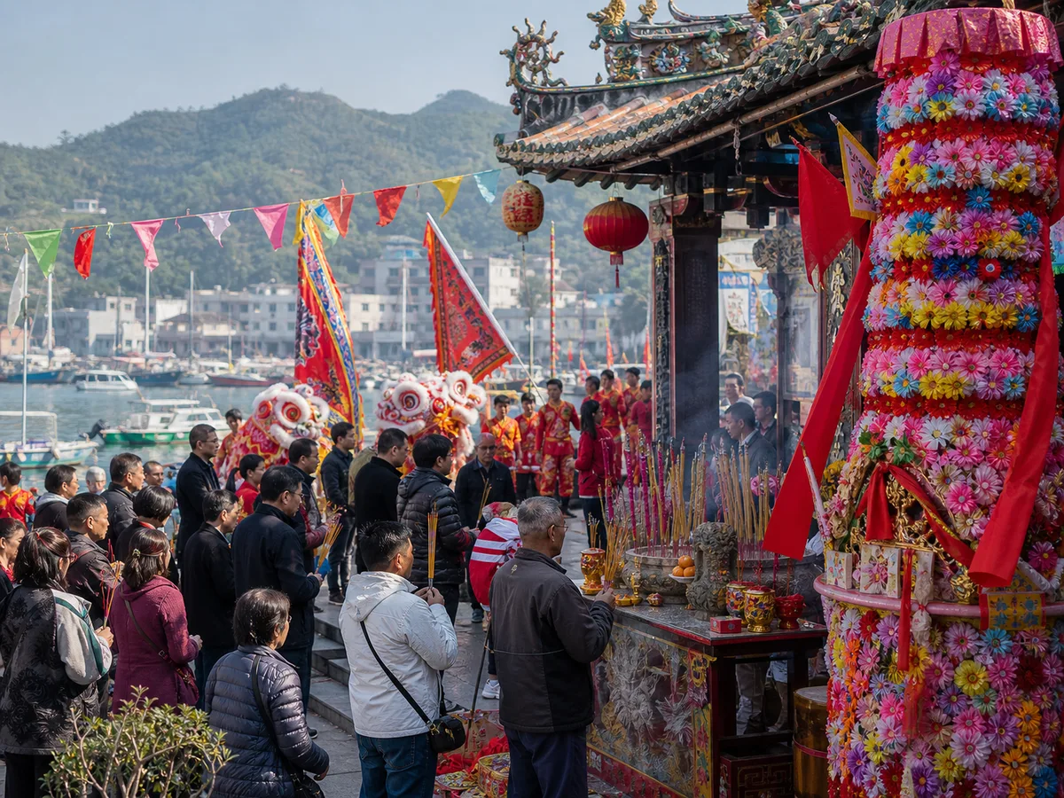 Banners and devotees outside a coastal temple during Tam Kung Birthday.