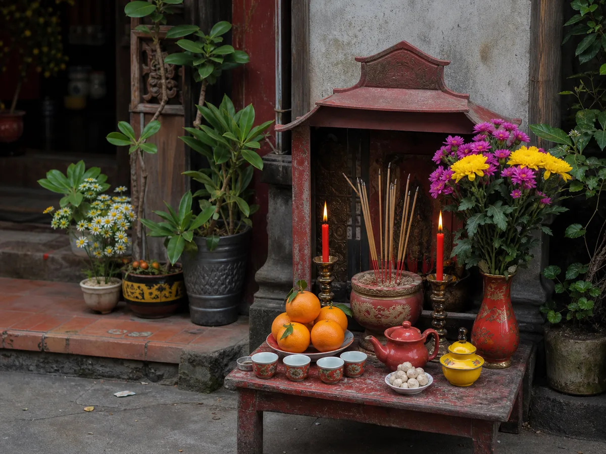 Fruit, tea, and incense offered at a Tu Di Gong altar.