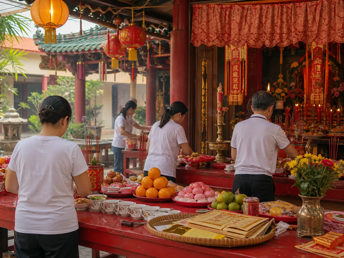 Fruit, incense, and lanterns prepared for a Tua Pek Kong birthday observance.