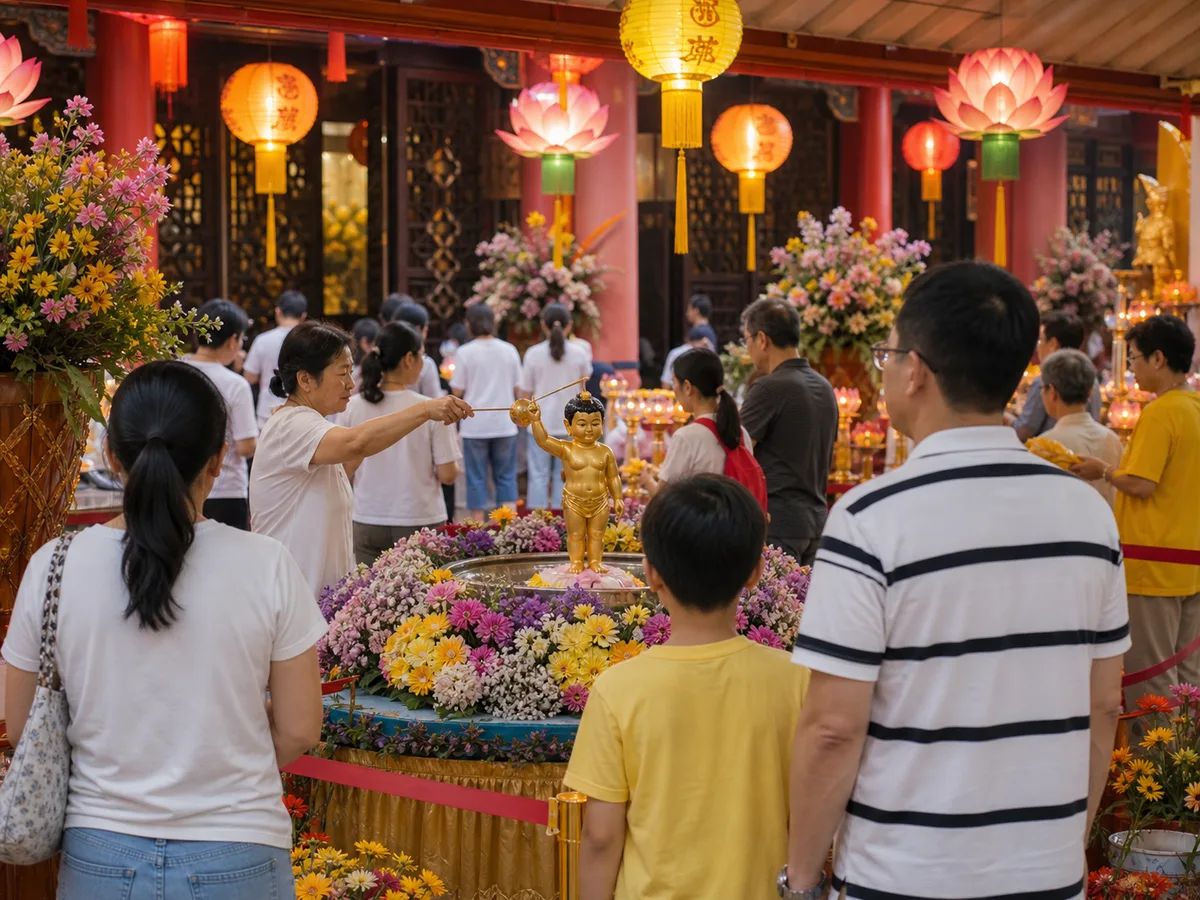 Flowers, lamps, and a bathing-the-Buddha station prepared for Vesak.