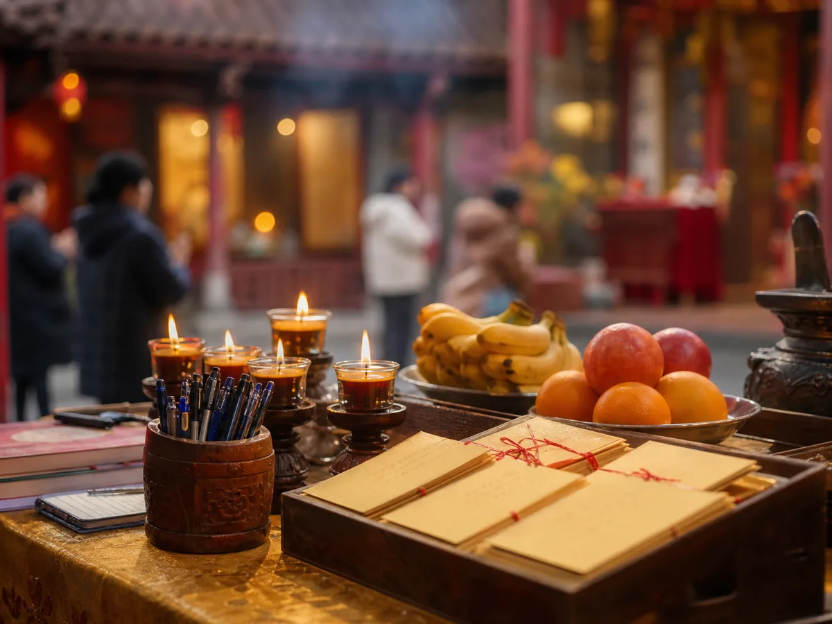 Lamps, fruit, pens, and petition cards prepared for a Wen Chang study blessing.