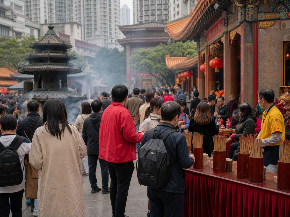 Worshippers offering incense and seeking divination at a Wong Tai Sin temple.