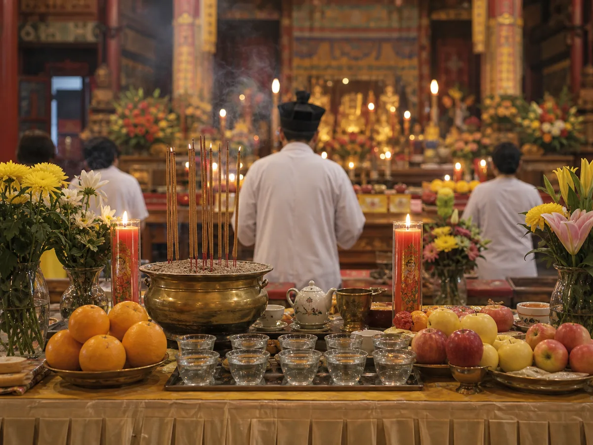 Incense, candles, and water bowls arranged for a Xia Yuan Taoist service.