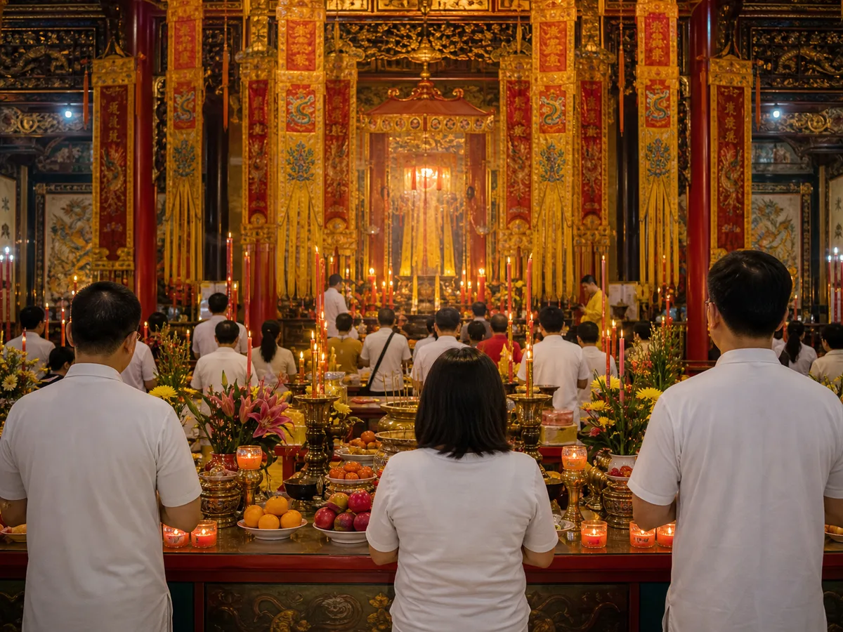 Candles, banners, and a ritual table prepared for Xuan Tian Shang Di birthday.
