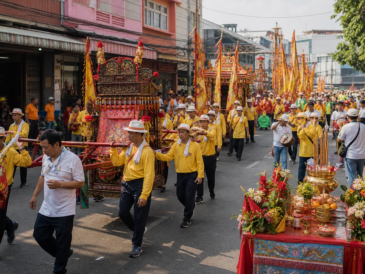Palanquins, banners, and temple teams moving through a yew keng procession.