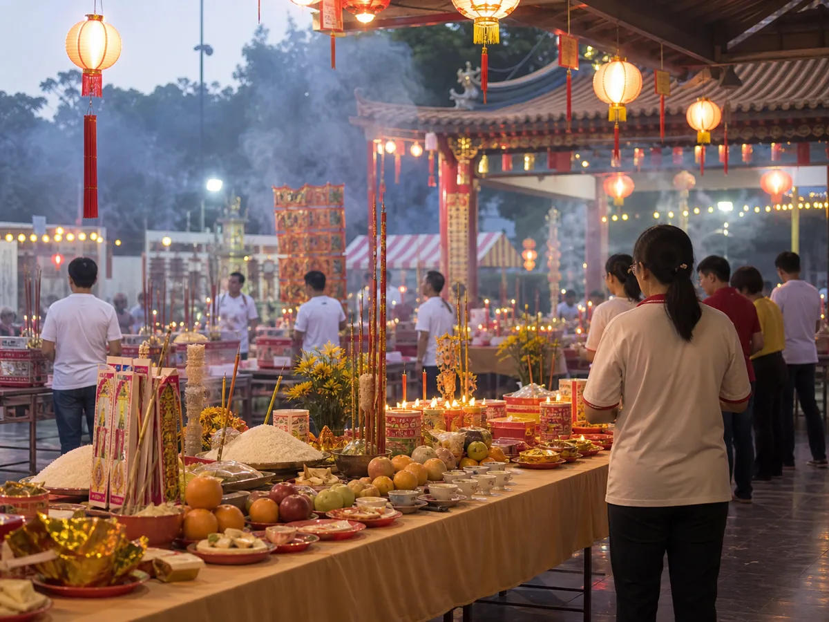 A Seventh Month offering table with fruit, incense, and lanterns at a Chinese temple.