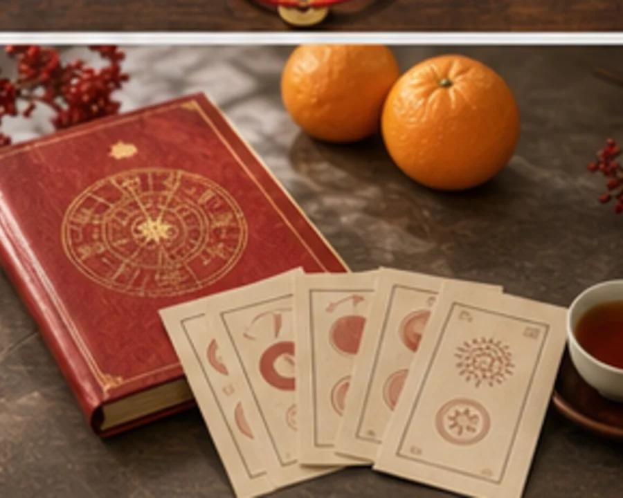 A red almanac and lunar calendar pages arranged for auspicious date filtering.