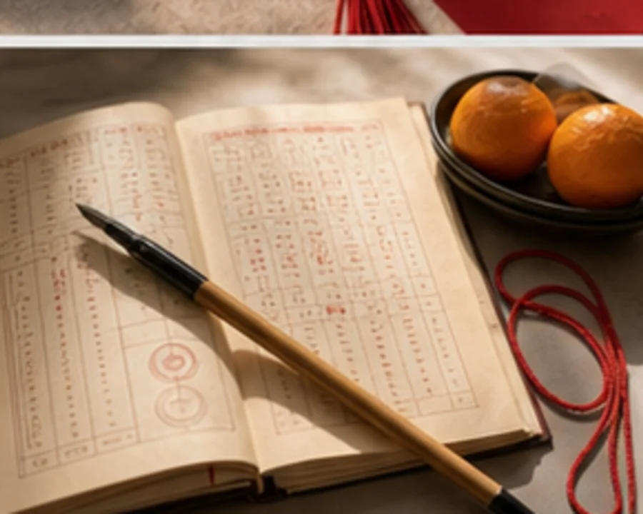 Almanac pages, brush pen, and red thread arranged for BaZi chart calculation.