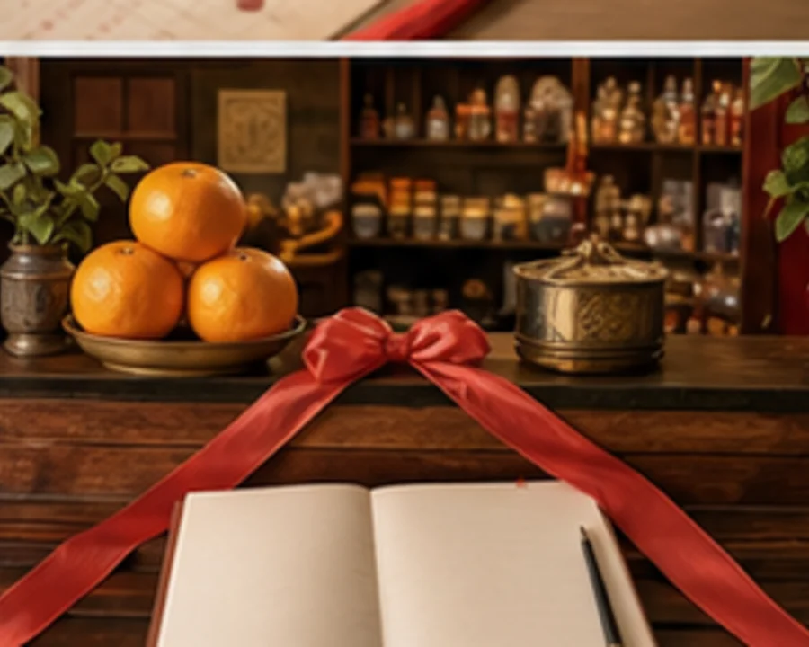 Oranges, tea, and flowers arranged for a business-luck prayer.
