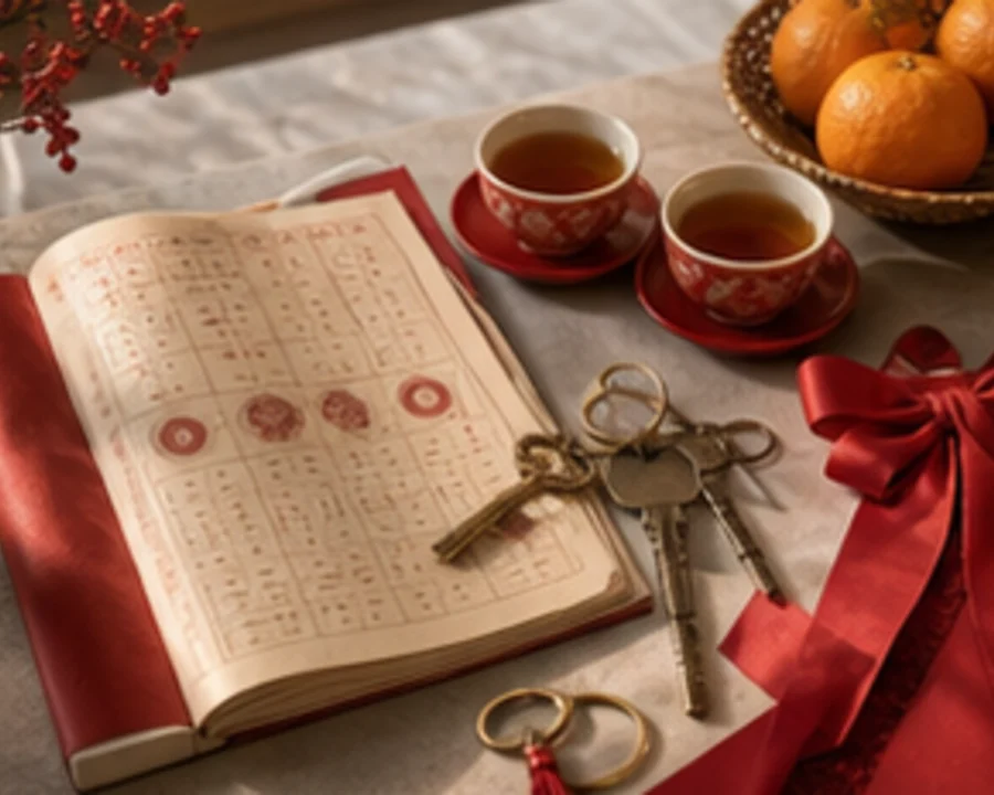 Tea cups, red envelopes, and a lunar calendar for date selection.