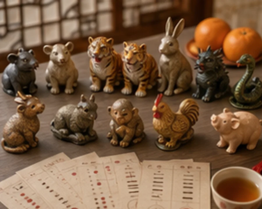 A dragon zodiac figurine beside a lunar calendar and tea.