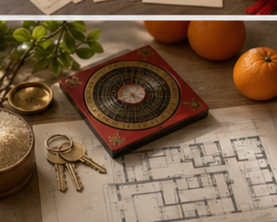 A home threshold with moving-day items and a compass.