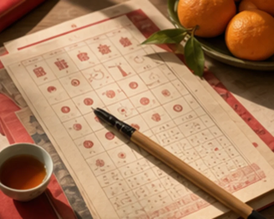 A lunar calendar planning table with a zodiac figurine and oranges.
