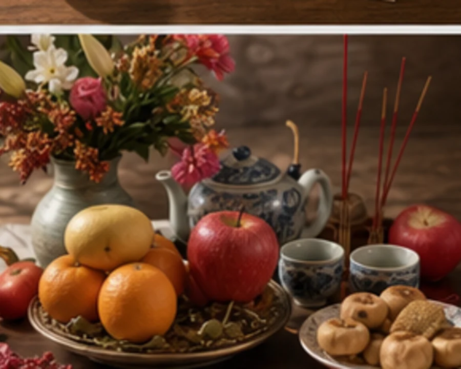 Fruit, flowers, and tea arranged for a Chinese offering checklist.