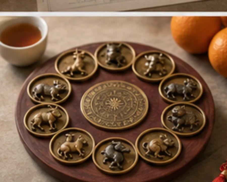 A rat zodiac figurine beside tea, oranges, and lunar calendar pages.