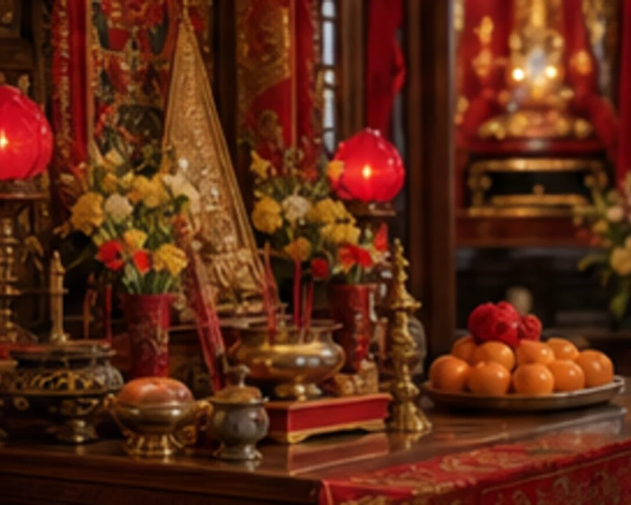 A serene altar with flowers and tea prepared for a Guan Yin prayer.