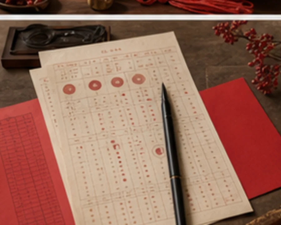 A lunar calendar sheet with tea, fruit, and a red almanac on a table.