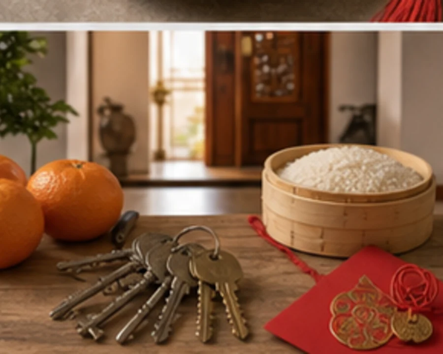 Keys, oranges, rice, and a lunar calendar arranged for a Chinese move-in day.