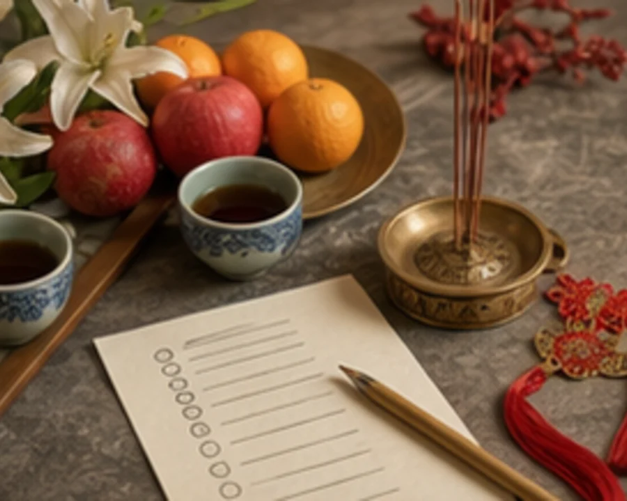 A home altar with tea, fruit, and flowers prepared for regular prayers.