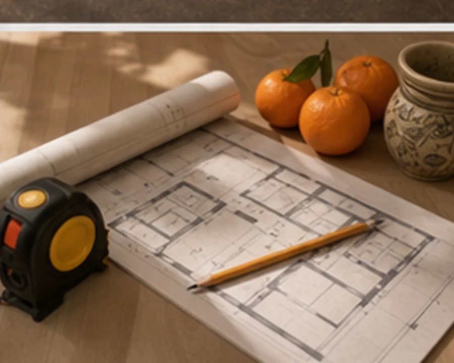 A tape measure, floor plans, oranges, and a lunar calendar for choosing renovation dates.