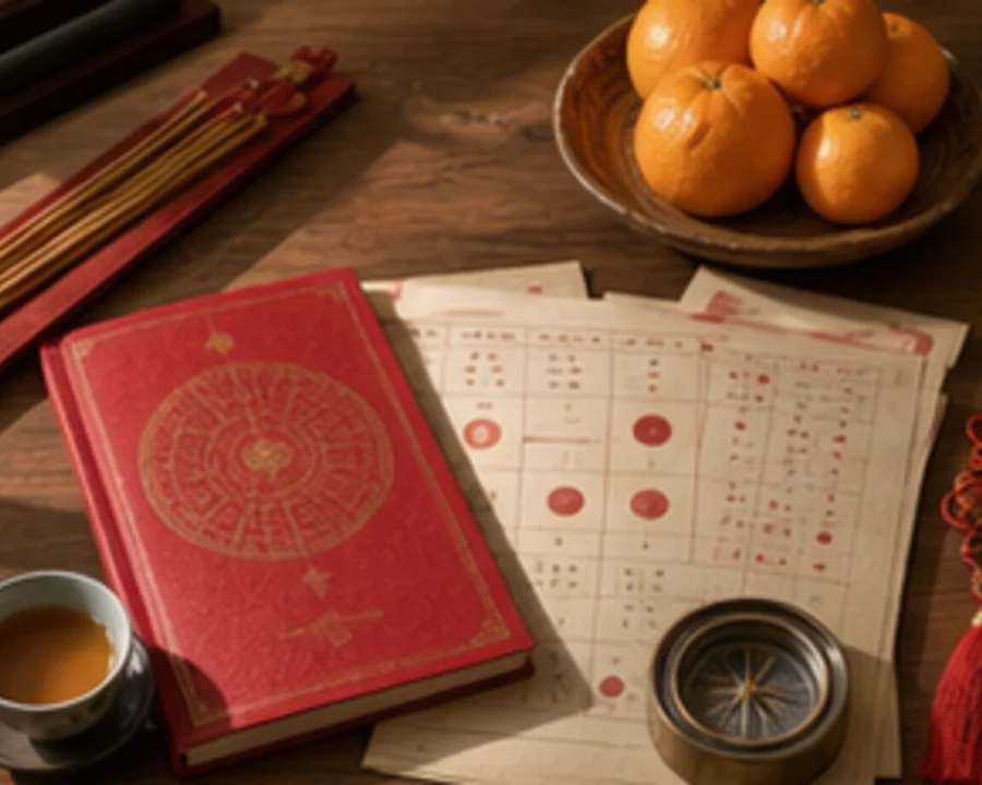 A Chinese almanac, fruit, tea, and incense arranged for cultural planning tools.