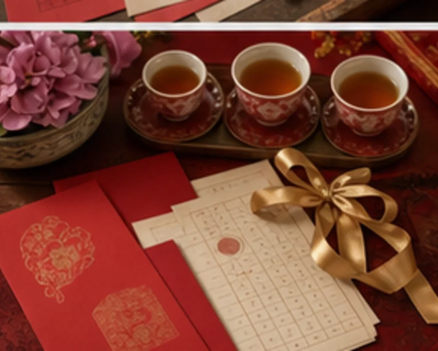 Wedding tea cups, red envelopes, and a lunar calendar prepared for choosing a Chinese wedding date.