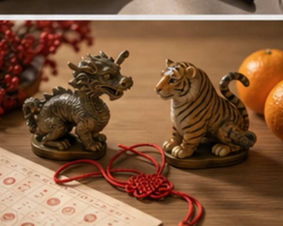 Zodiac figurines and red cord arranged for compatibility notes.